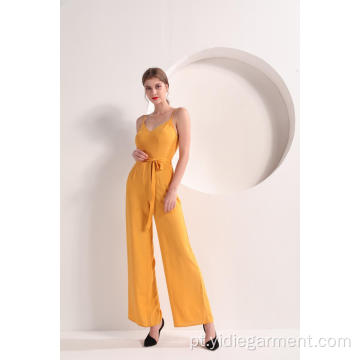 Mulheres cor amarela perna larga Jumpsuit Cami